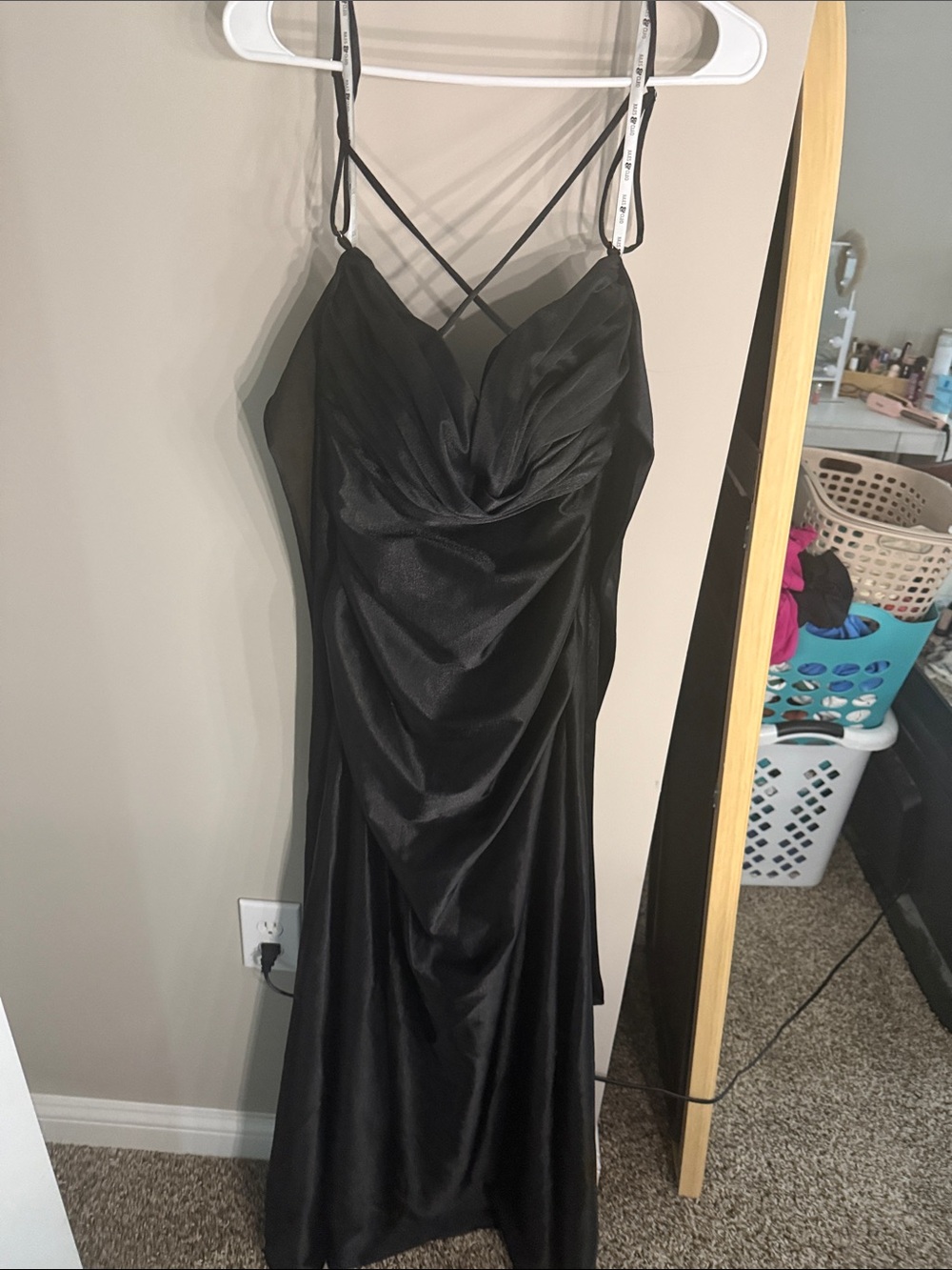 Sleek Black Satin Prom Dress with Crisscross Straps